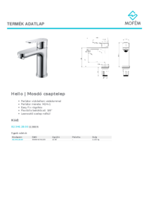 Hello mosdó csaptelep - műszaki adatlap