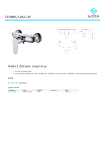 Hello zuhany csaptelep - műszaki adatlap